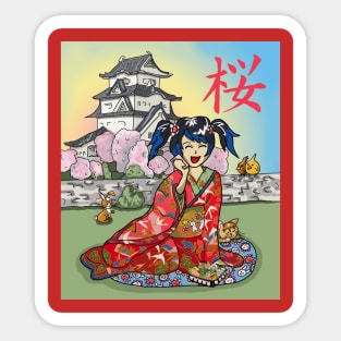 Cellphone chat at a cherry blossom castle in Japan Sticker